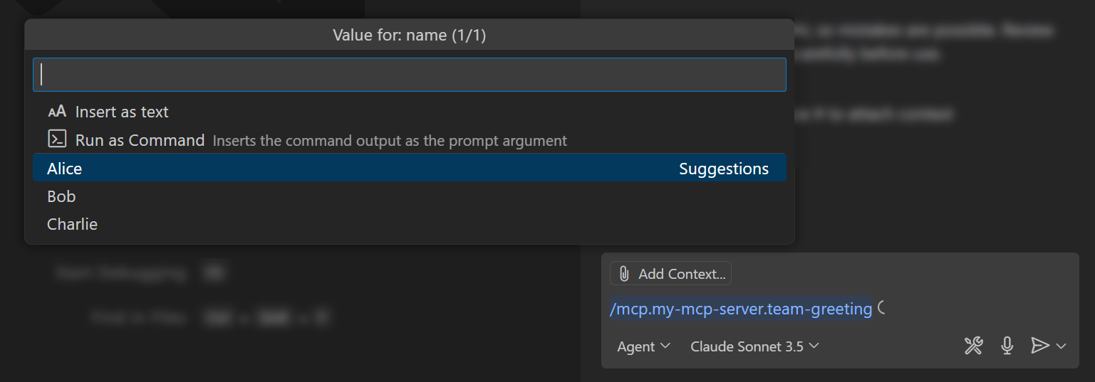 Screenshot that shows the prompt dialog for an MCP prompt with input parameters.