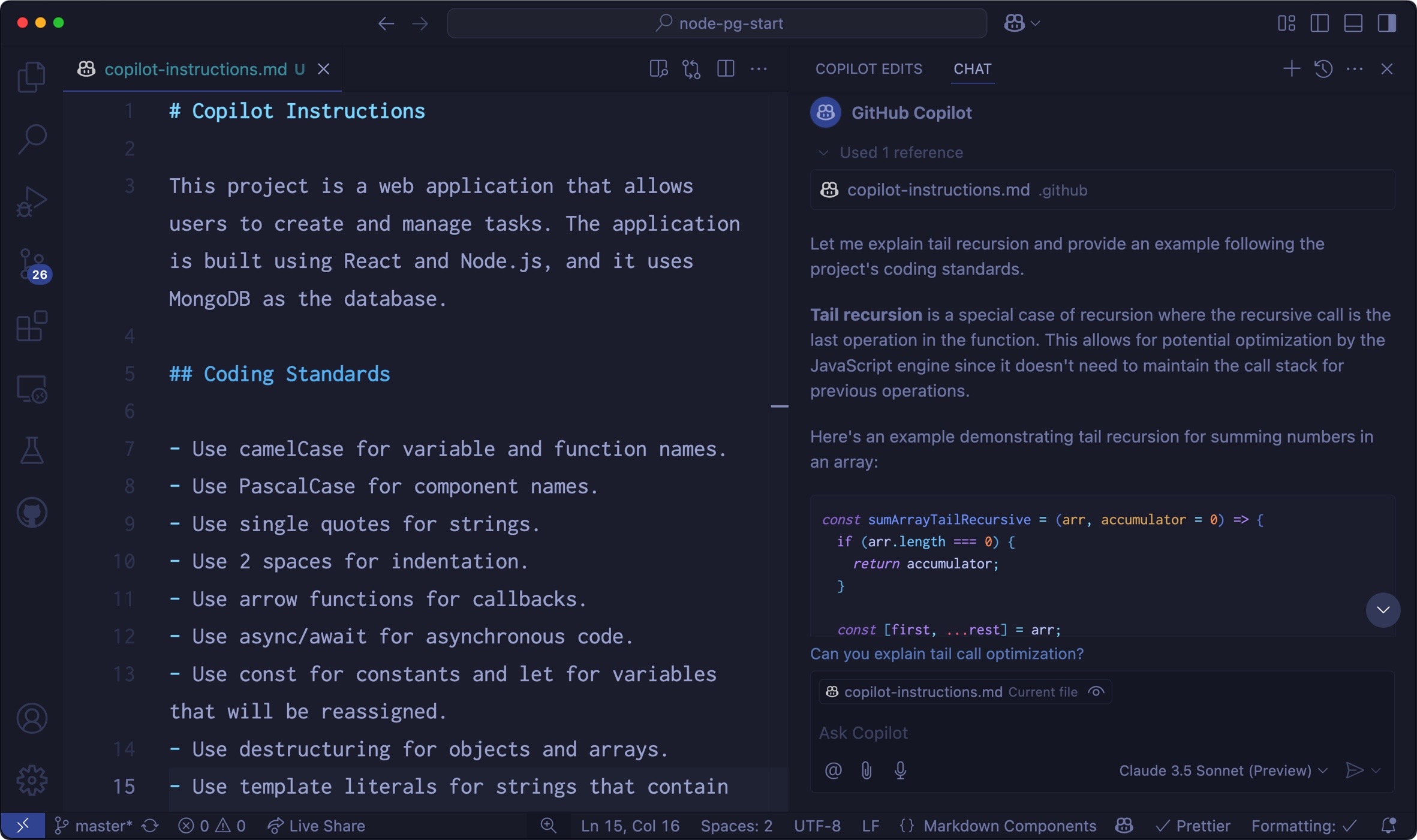 Screenshot that shows the Copilot response for "tail recursion" in the Chat view.
