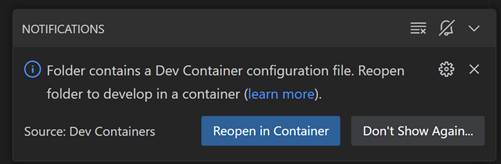 VS Code notification to reopen project in dev container