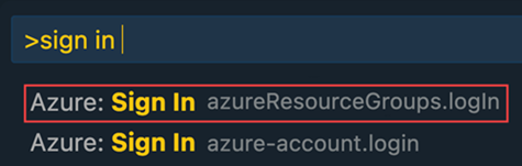 Screenshot that shows where to sign in to an Azure account from the command palette