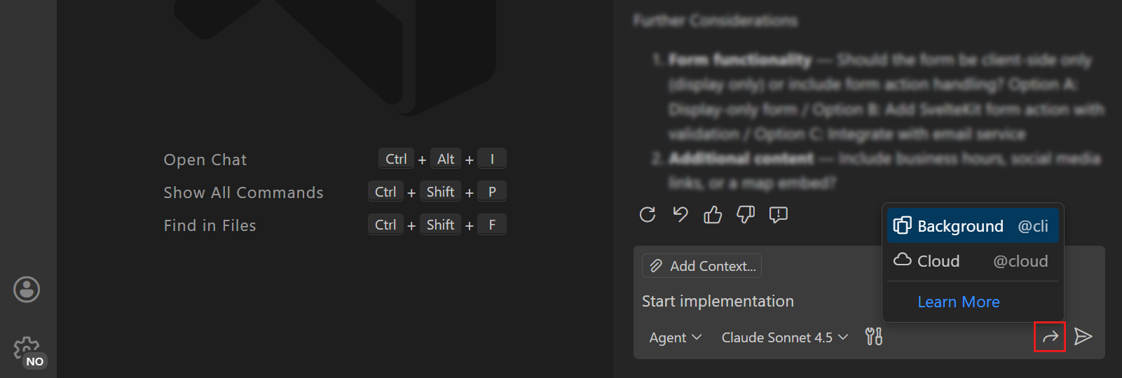 Screenshot of the chat input box showing the Continue In button.