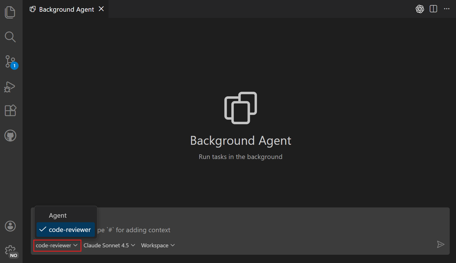 Screenshot showing custom agent selection in VS Code chat interface.