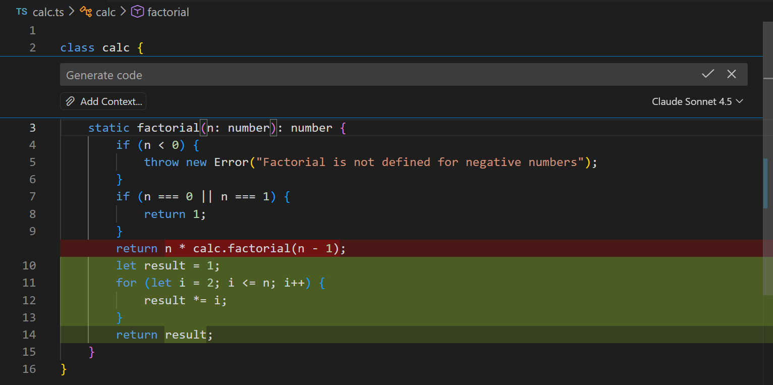 Screenshot of editor inline chat asking to not use recursion for a factorial function.
