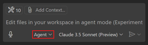 Screenshot of VS Code Copilot Chat view, showing the Agent mode dropdown.