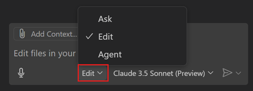 Screenshot of VS Code Copilot Chat view, showing the Edit mode dropdown.