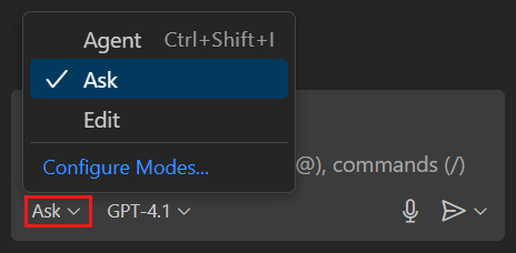 Screenshot of VS Code Chat view, showing the Ask mode dropdown.