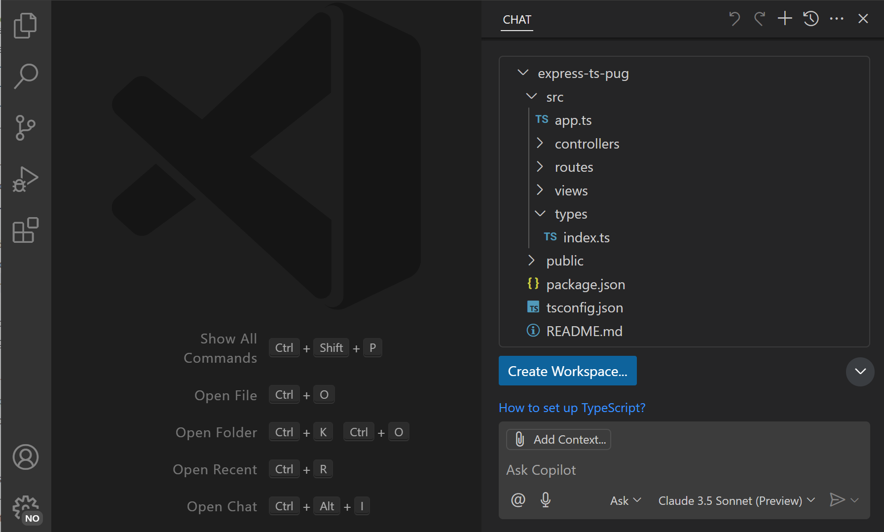 Screenshot of Chat view, showing a file tree for a new workspace and a 'Create Workspace' button.