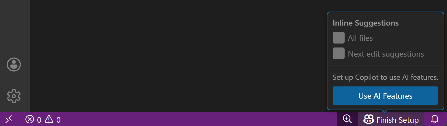 Hover over the Copilot icon in the Status Bar and select Set up Copilot.