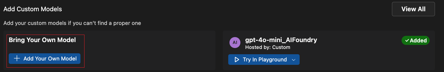 AI Toolkit 인터페이스 스크린샷으로, 모델 카탈로그의 사용자 지정 모델 섹션이 표시됩니다. + 모델 추가 버튼이 강조 표시되어 사용자가 새 사용자 지정 모델을 추가하기 위해 클릭할 수 있는 위치를 나타냅니다.