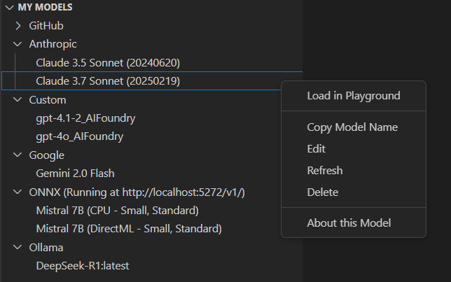 AI Toolkit 인터페이스 스크린샷으로, 모델 카드에 플레이그라운드에서 사용, 다운로드, 플레이그라운드에서 로드 옵션이 표시됩니다.