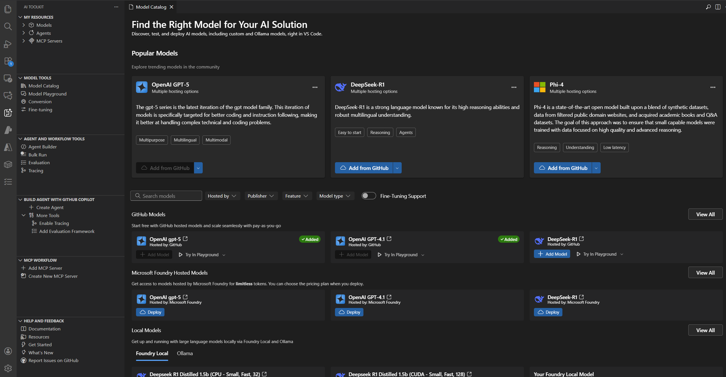 AI Toolkit model catalog displaying various generative AI models