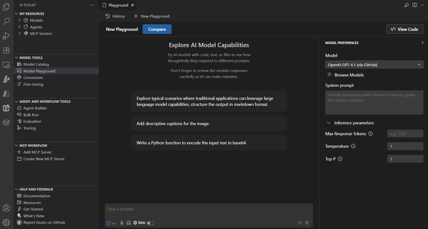 Screenshot showing the AI Toolkit Playground interface with chat messaging and model parameter controls