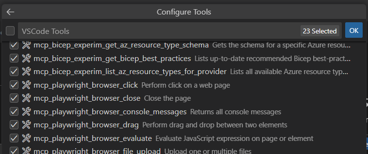 Agent Builder에서 도구 선택 인터페이스를 보여주는 스크린샷.