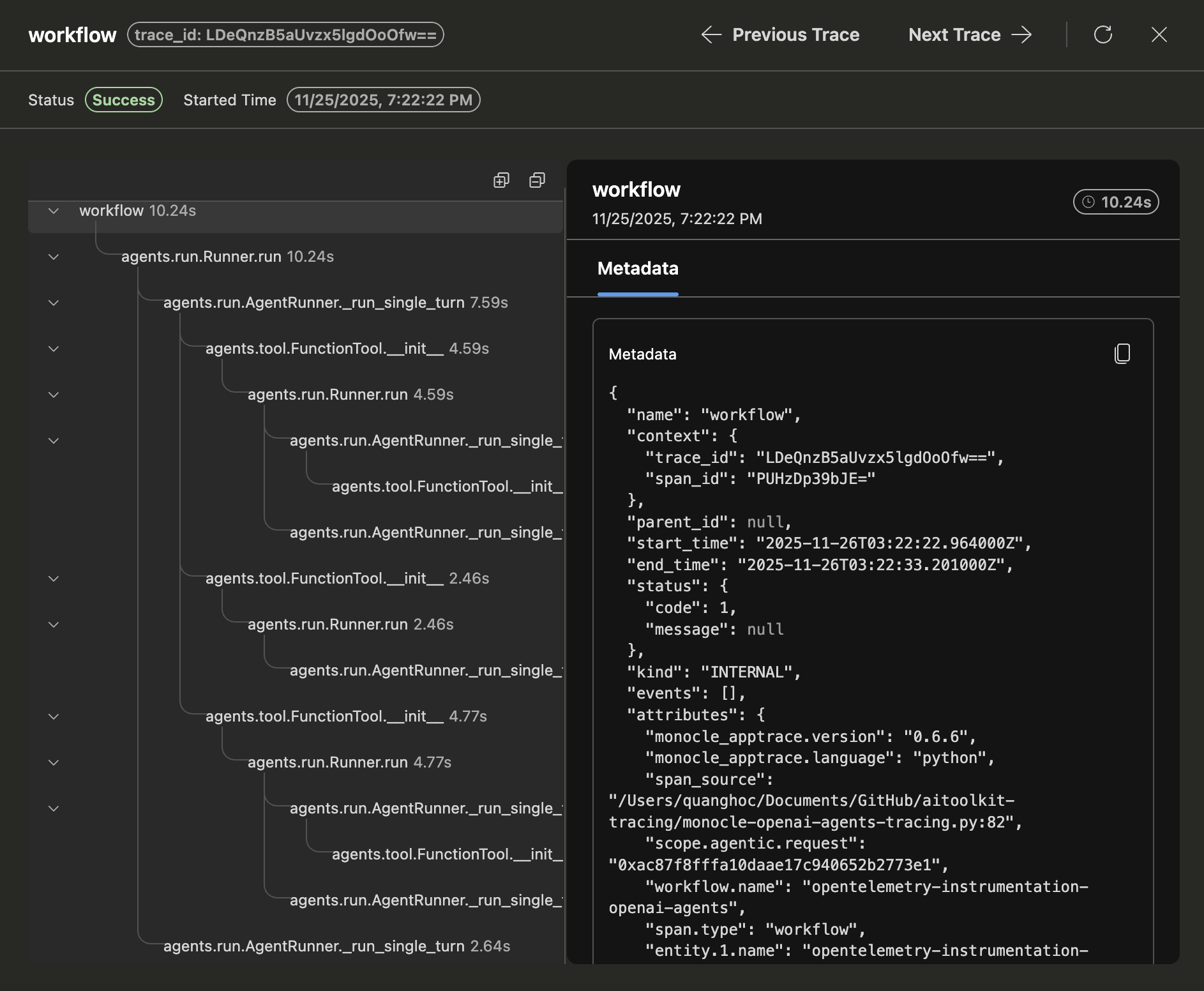 Screenshot showing the Trace Details view in the Tracing webview.