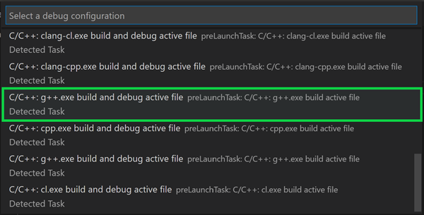 C++ debug configuration dropdown