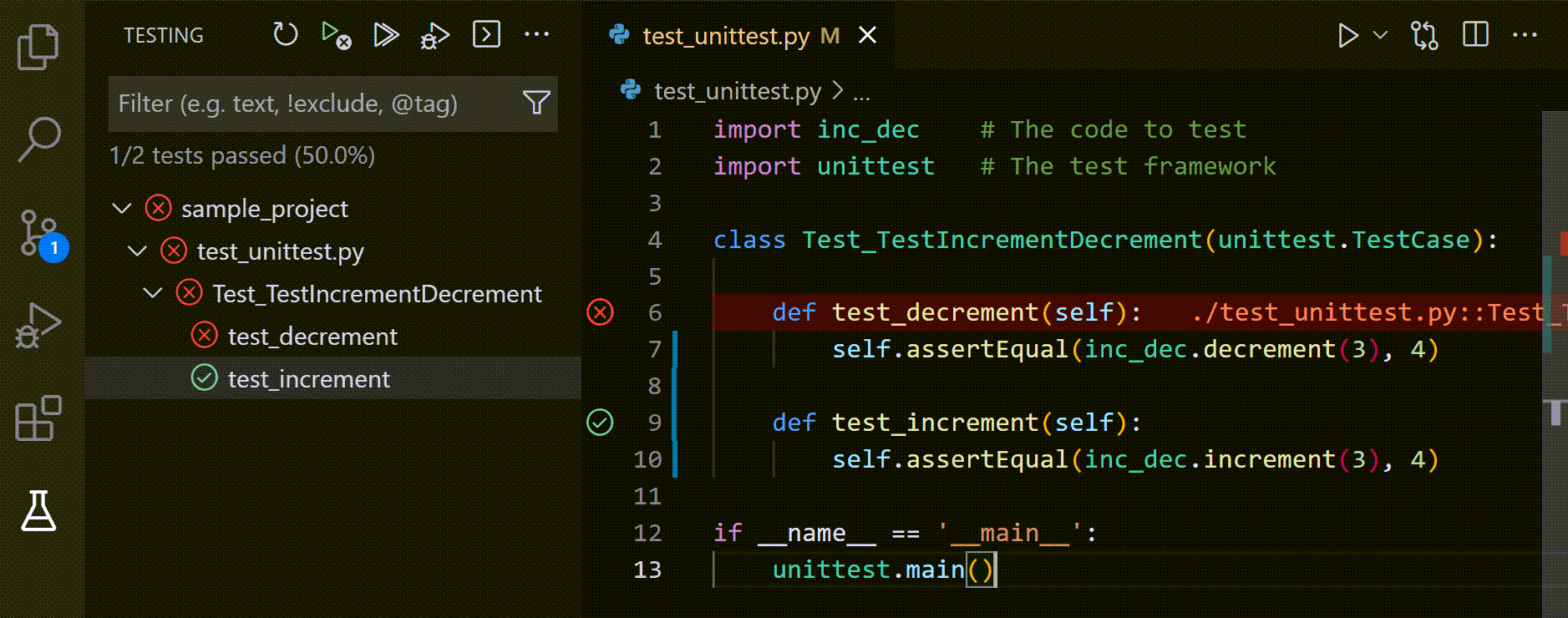 Test results on a unittest class and in Test Explorer