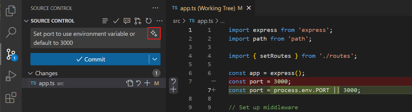 Screenshot of generating a commit message with Copilot.
