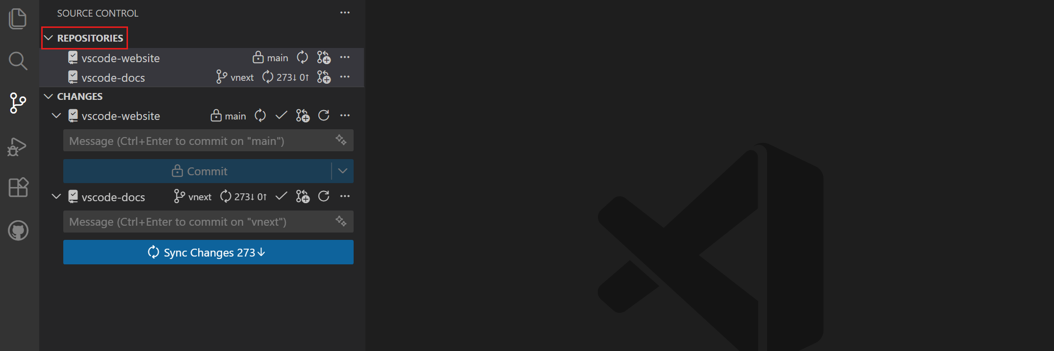 Screenshot of the Repositories view in VS Code showing multiple Git repositories.