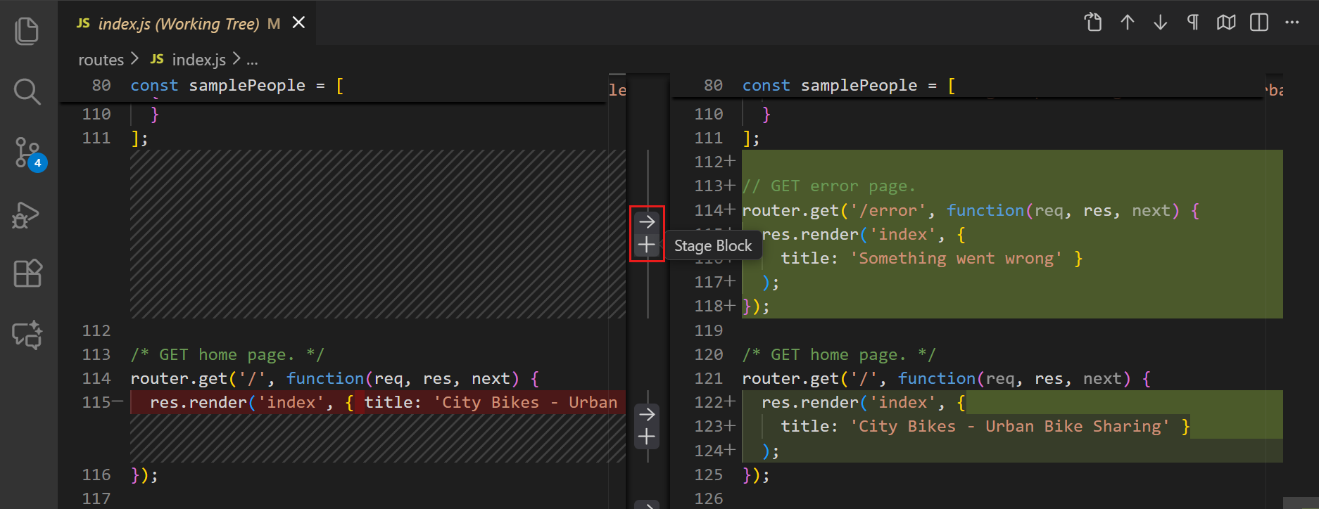 Screenshot of staging specific lines from the diff editor.