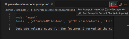편집기의 재생 버튼을 사용하여 프롬프트를 실행하는 것을 보여주는 스크린샷.