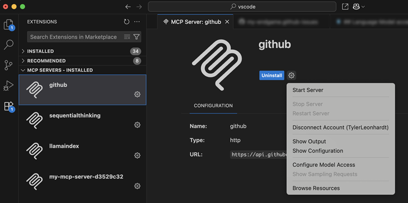 MCP 편집기 기어 메뉴에 표시된 계정 연결 해제 작업을 보여주는 스크린샷.