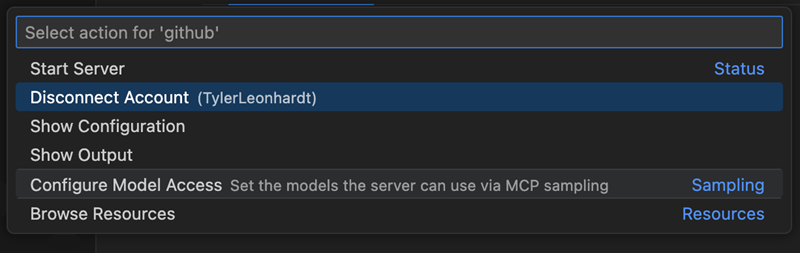 MCP 빠른 선택 메뉴에 표시된 계정 연결 해제 작업을 보여주는 스크린샷.