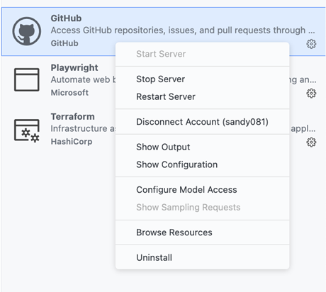 Screenshot showing the context menu actions for an MCP server.