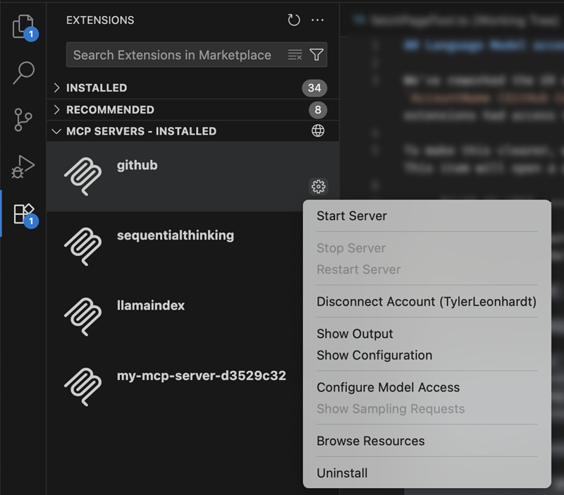MCP 보기 기어 메뉴에 표시된 계정 연결 해제 작업을 보여주는 스크린샷.