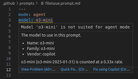 Screenshot that shows the model diagnostics when a model is not available for a specific chat mode.