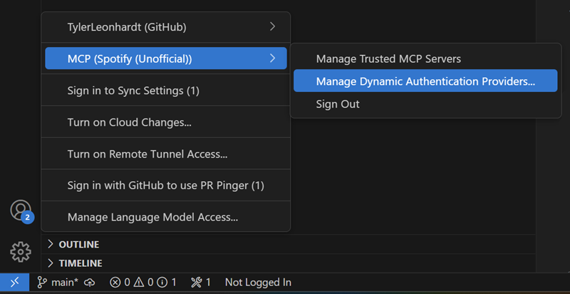 Screenshot of the Account menu showing the manage dynamic auth option in an account's submenu.