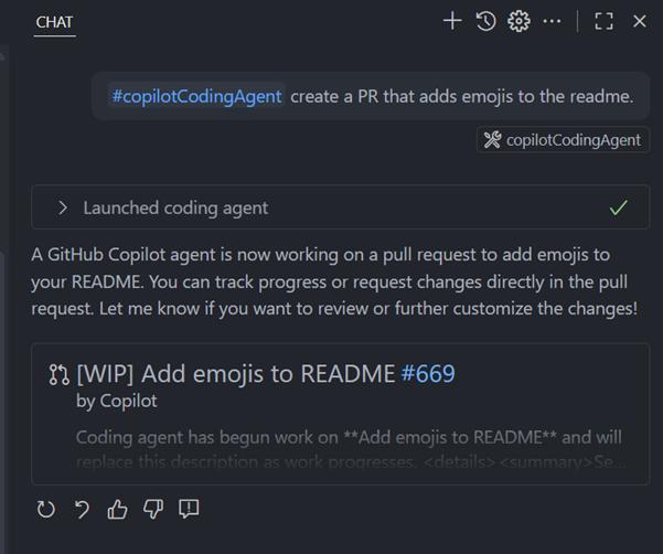 Screenshot of a coding agent PR card in the Chat view.