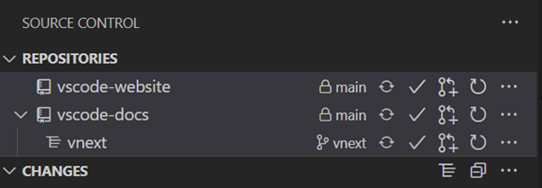Screenshot of the Source Control Repositories view showing two repositories and a worktree associated with one of the repos.