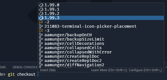 "git checkout"에 대한 완료 항목에 태그 및 브랜치가 표시되는 새 아이콘 스크린샷