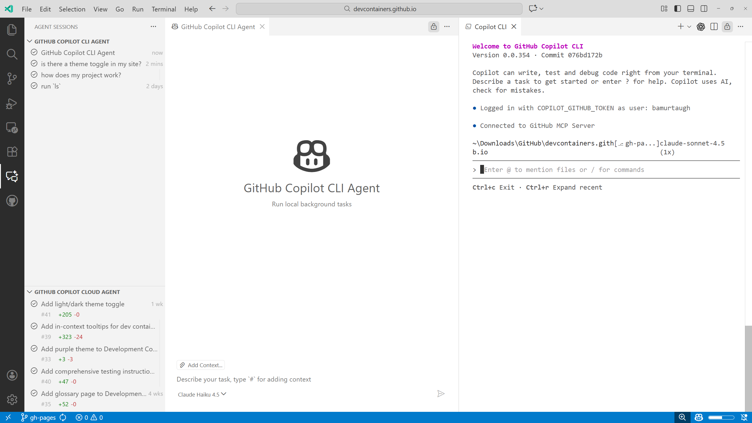Screenshot showing a CLI agent editor and an integrated terminal with Copilot CLI sessions.