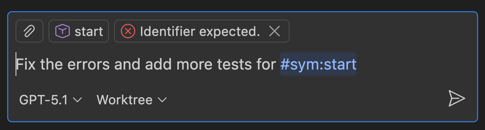 Screenshot of a background agent session with a symbol and error attached as context.