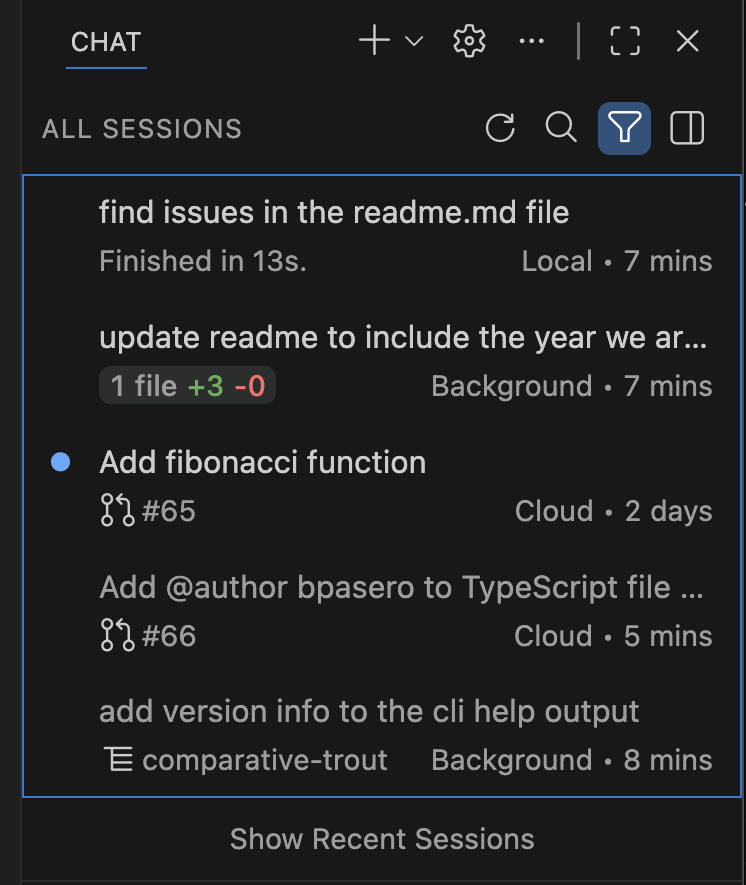 Screenshot showing all sessions in the Chat view.