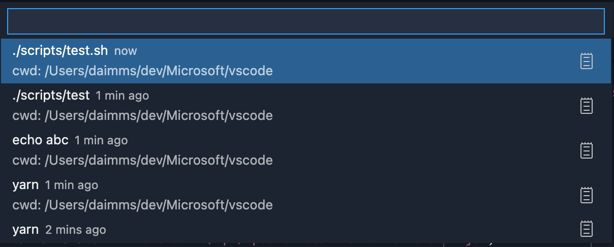 최근 명령은 현재 작업 디렉토리 및 실행된 시간 정보와 함께 빠른 선택에 표시됩니다.