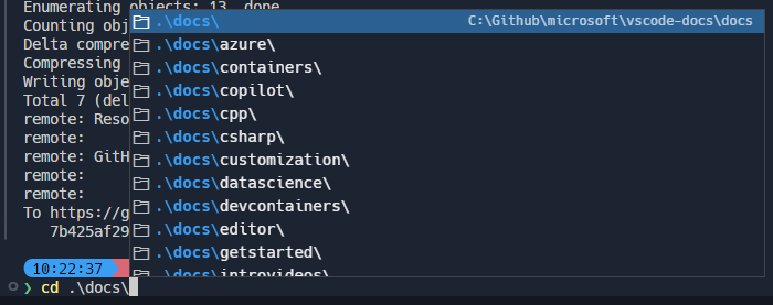 docs로 cd하면 docs가 상위 결과로 표시됩니다.
