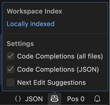 Screenshot that shows the workspace index status of a workspace in the Copilot menu.